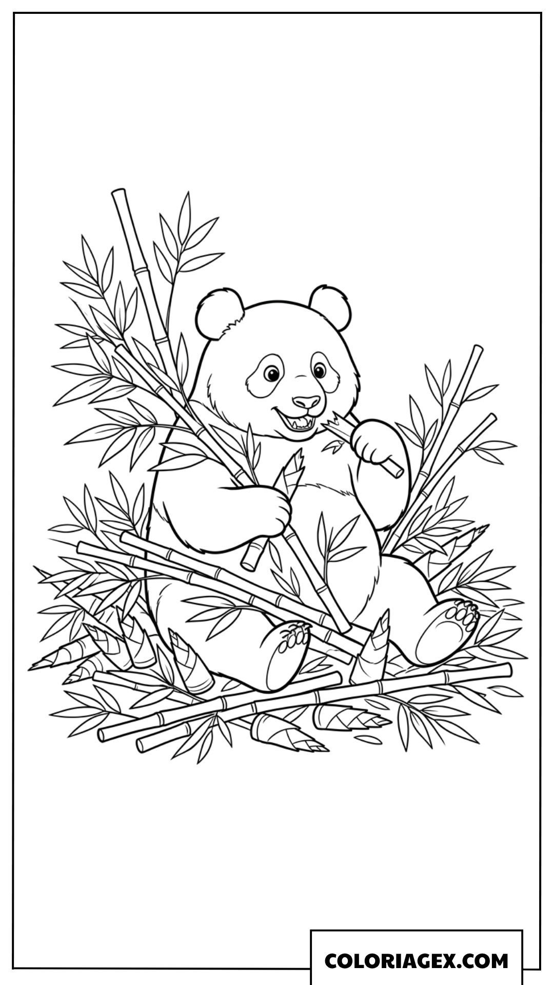 Coloriage Panda mignon assis au milieu des pousses de bambou