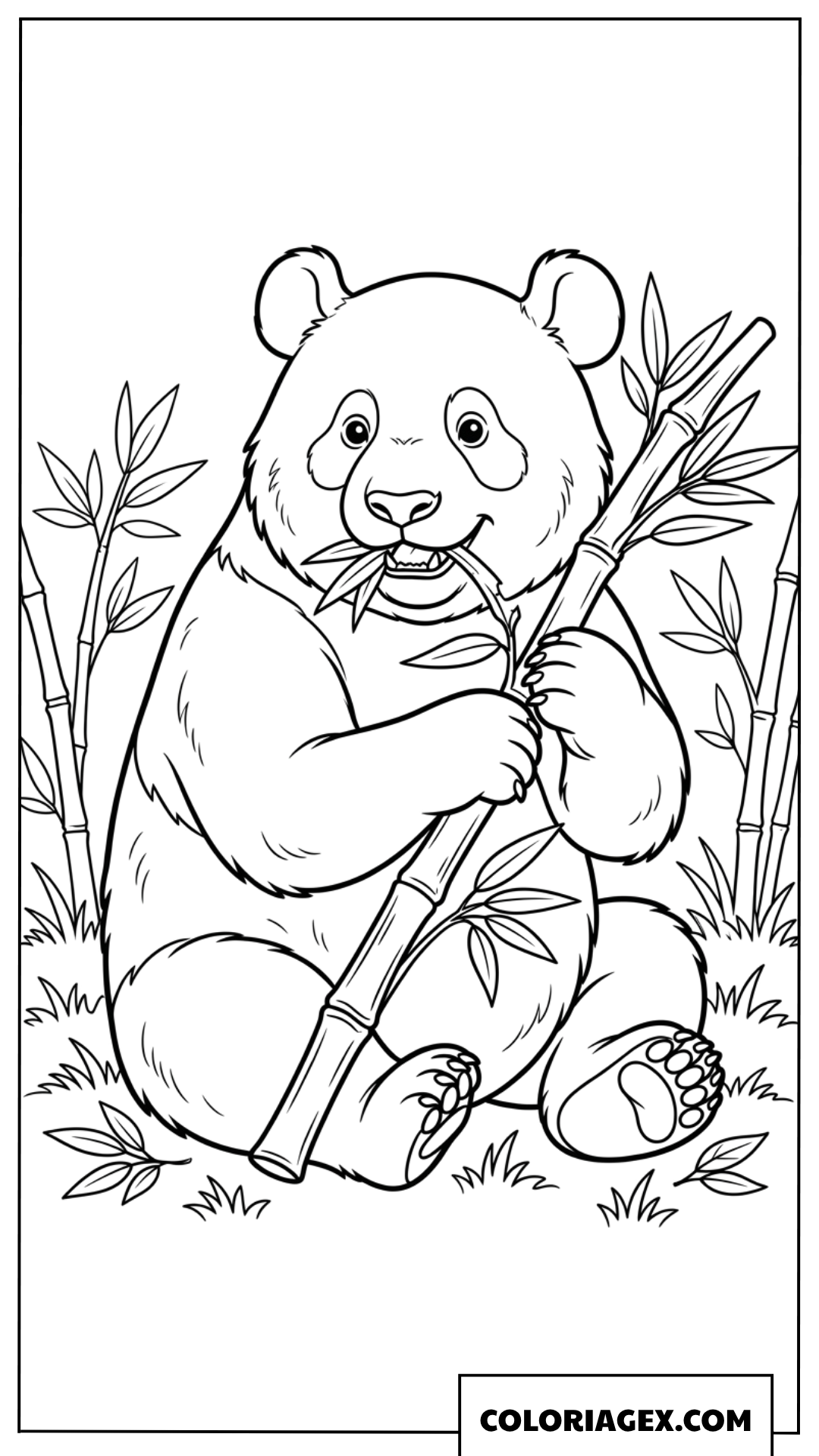 Coloriage Panda mignon assis par terre mangeant une branche de bambou