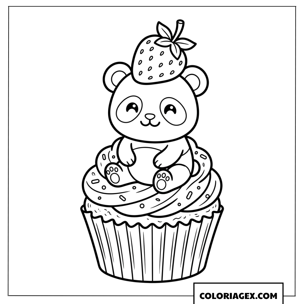 Coloriage Panda mignon assis sur un cupcake aux fraises