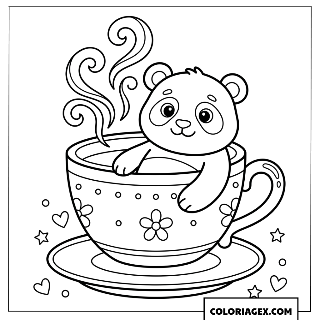 Coloriage Panda mignon dans une tasse de thé chaude