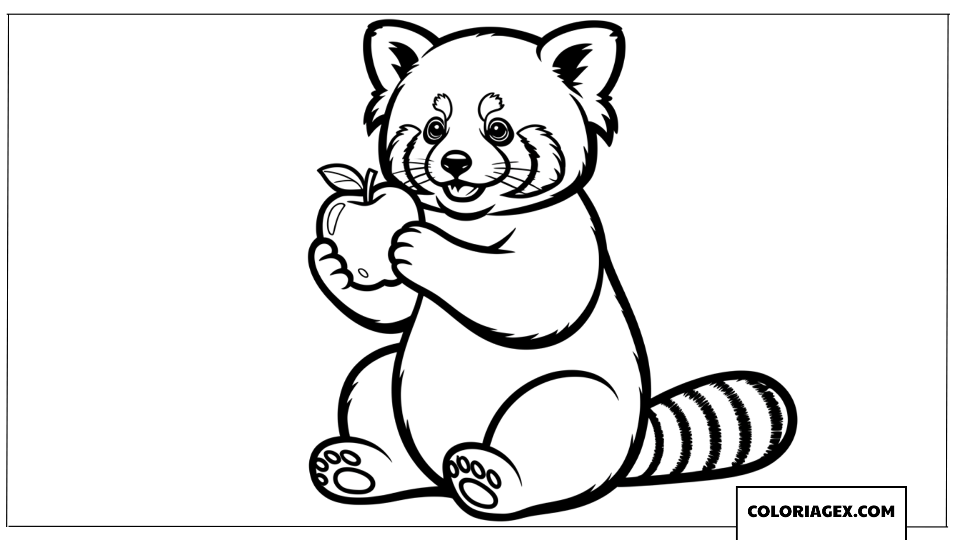 Coloriage Panda roux mignon assis tenant une pomme fraiche