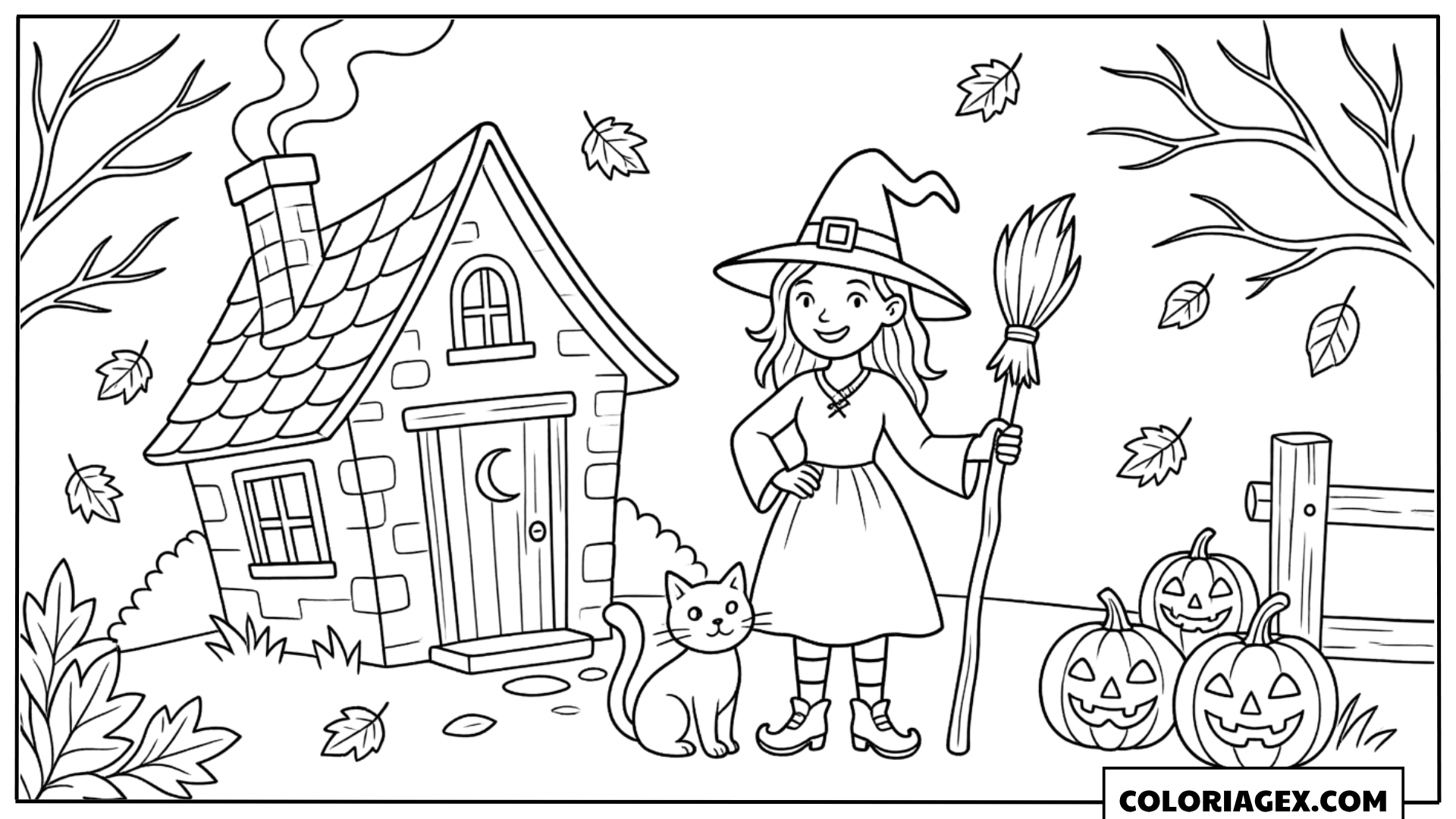 Coloriage Petite sorcière devant sa maison