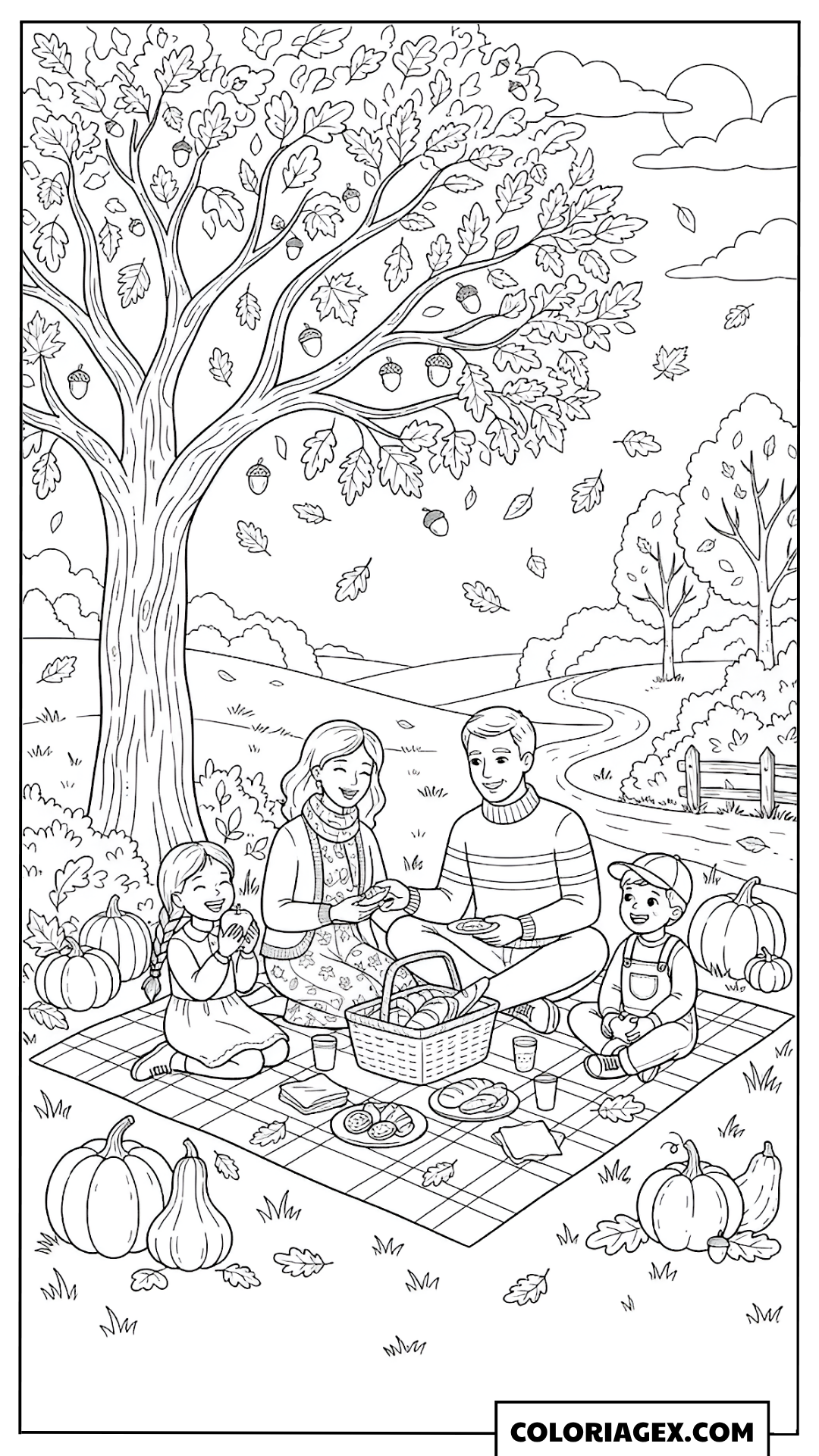 Coloriage Pique-nique en famille en automne