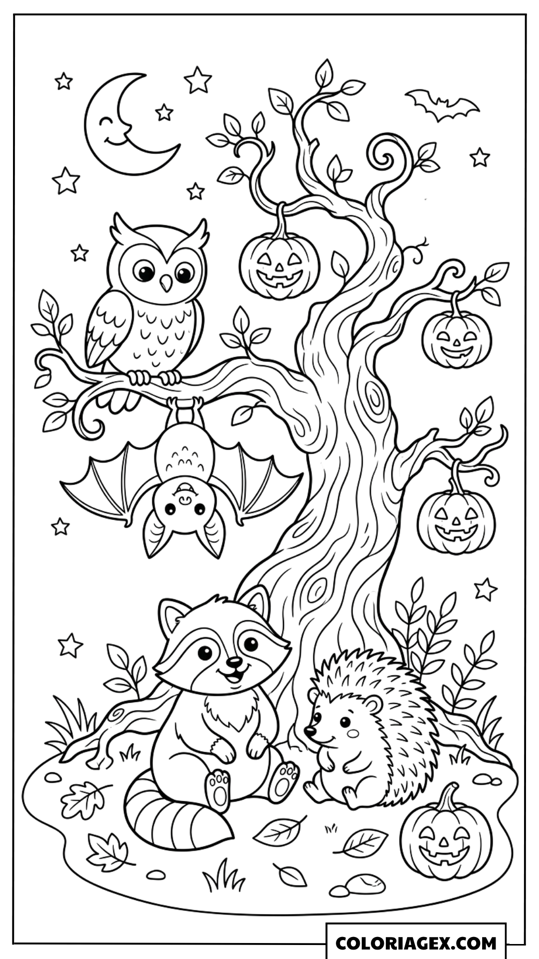 Coloriage Raton laveur et hérisson sous l’arbre Halloween