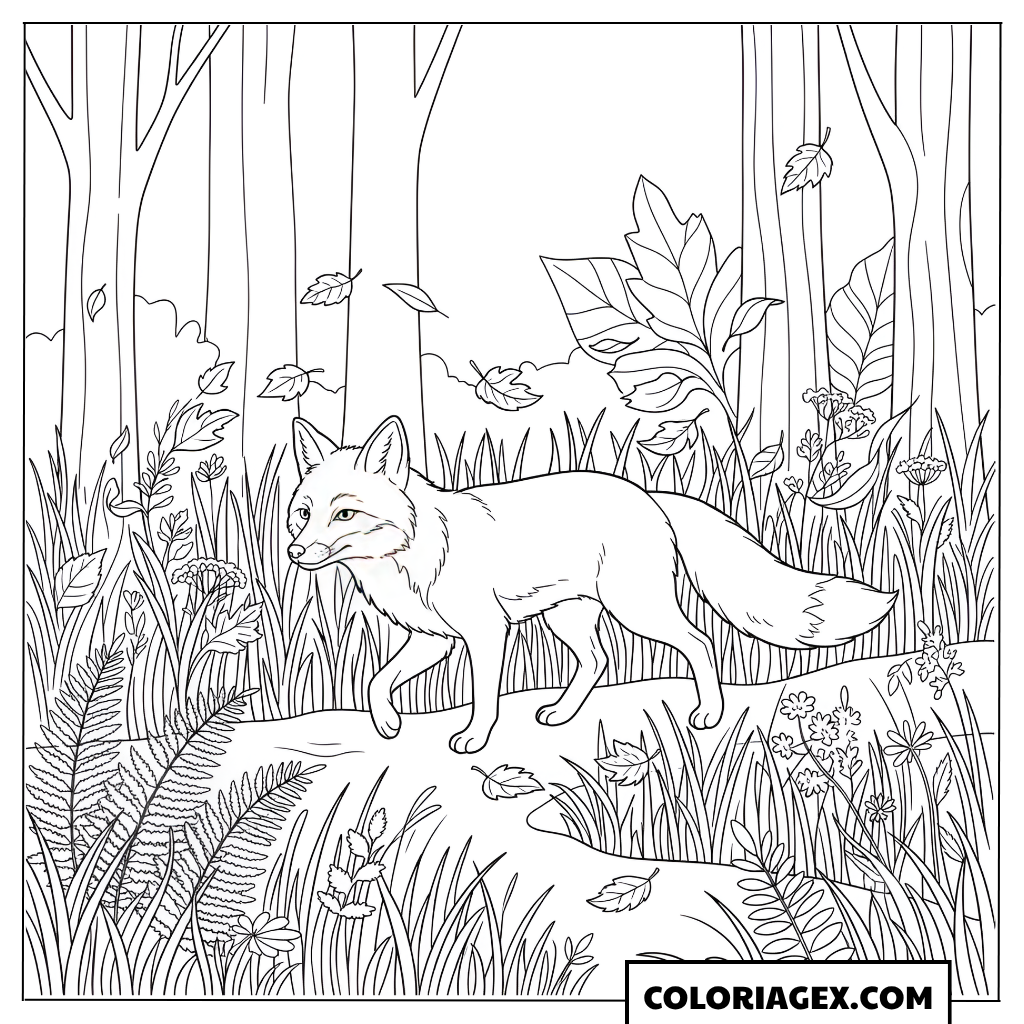 Coloriage Renard dans la forêt d'automne