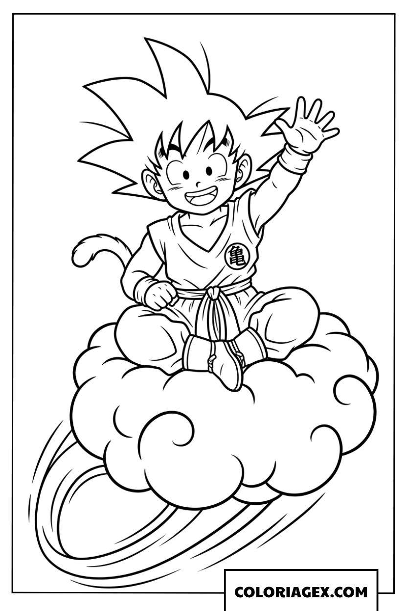 Coloriage Son Goku assis sur un nuage volant faisant coucou