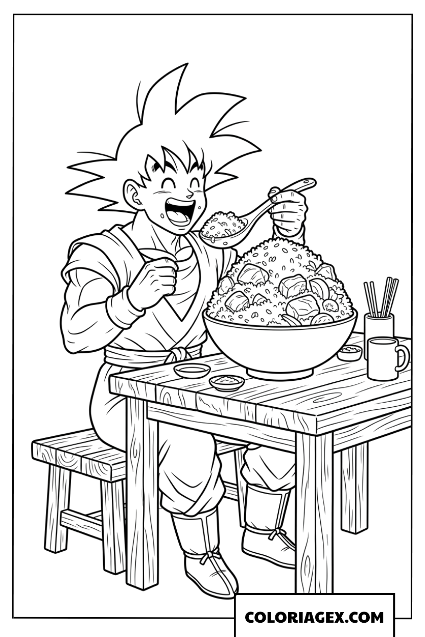 Coloriage Son Goku mangeant un grand bol de riz