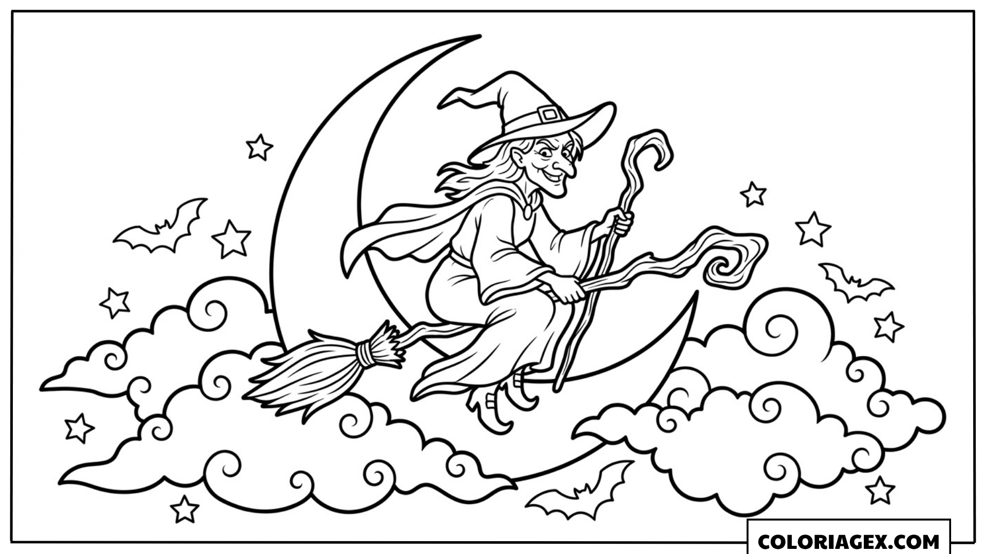 Coloriage Sorcière sur son balai dans les nuages