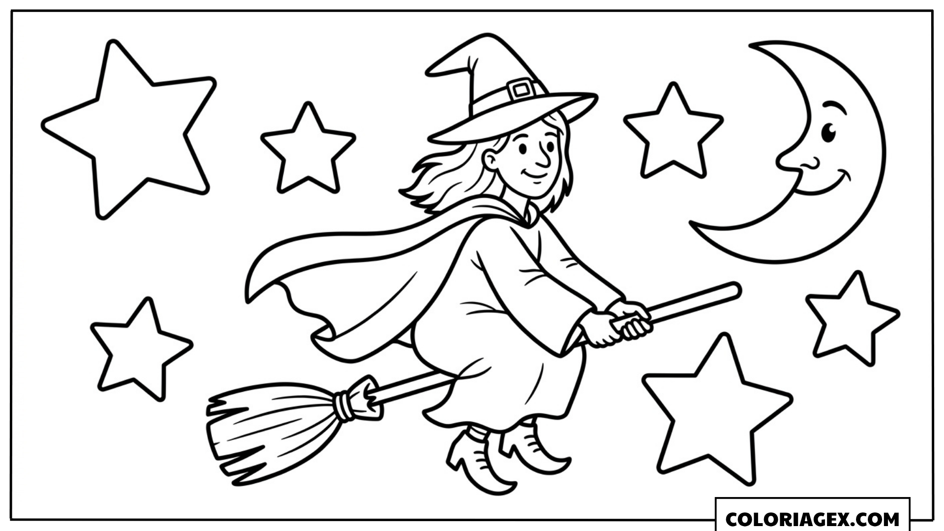 Coloriage Sorcière volant sur son balai avec étoiles