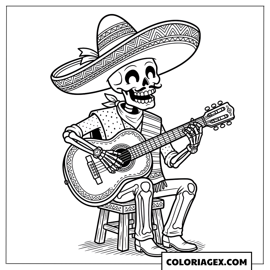 Coloriage Squelette mexicain jouant de la guitare