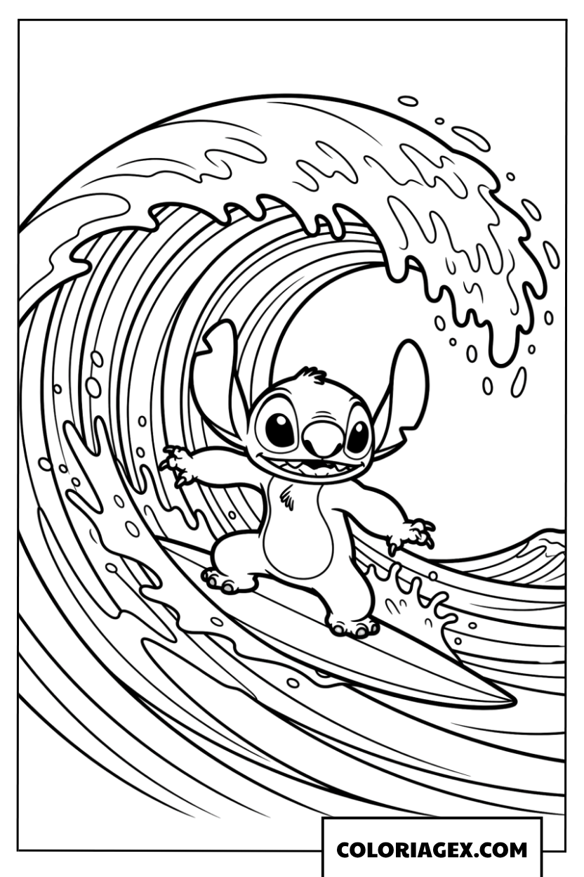 Coloriage Stitch fait du surf sur une grande vague d ete