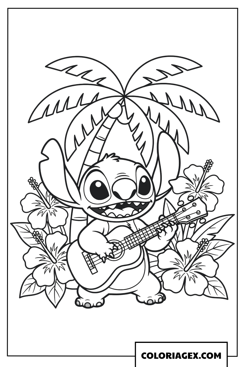 Coloriage Stitch joue du ukulele sous un cocotier en ete
