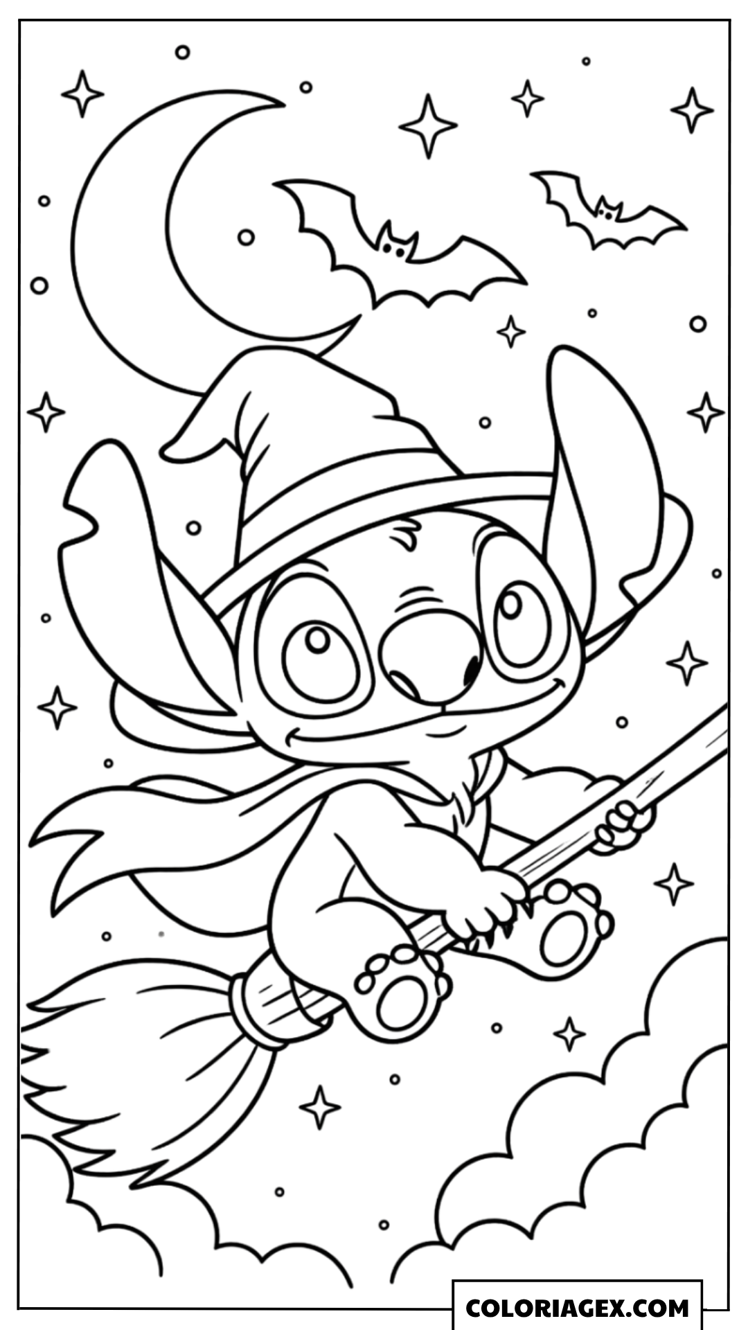 Coloriage Stitch sorcière sur son balai