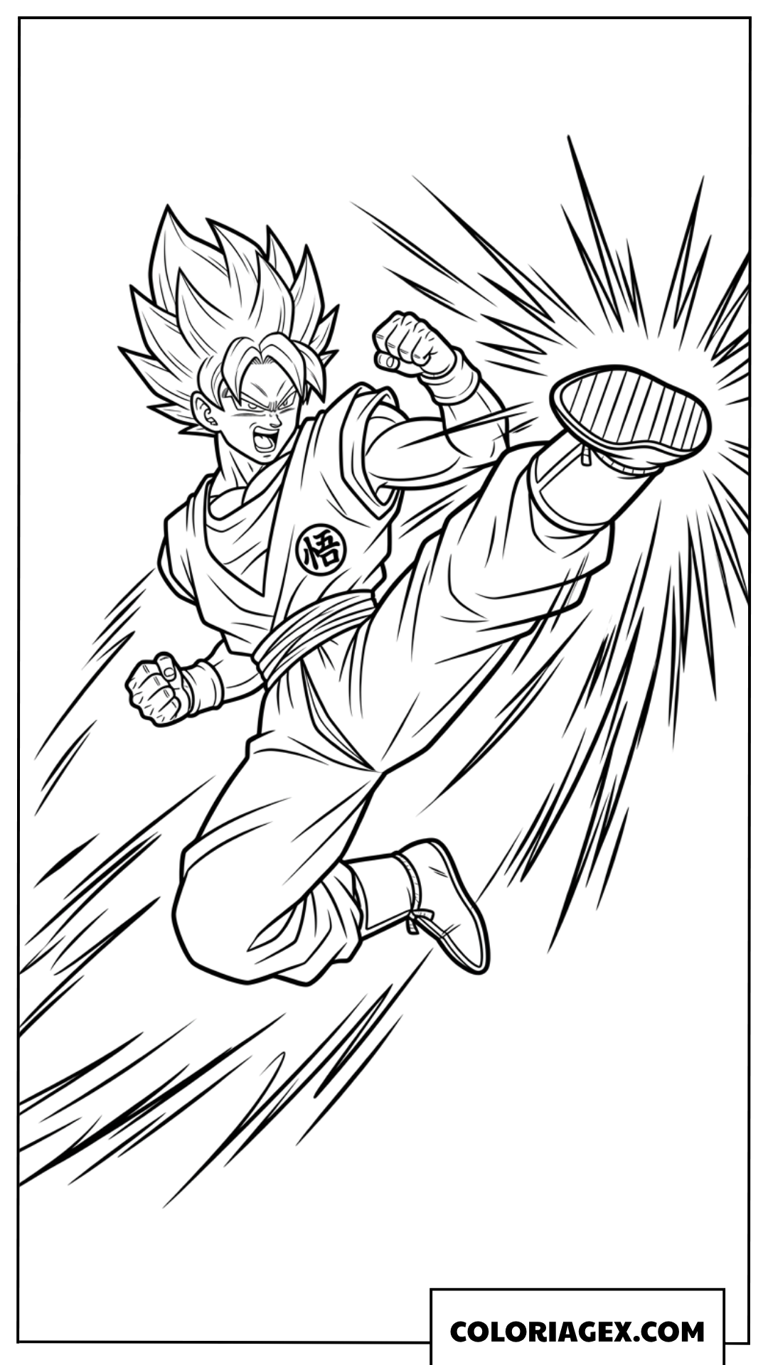Coloriage Super Saiyan Goku effectuant un coup de pied