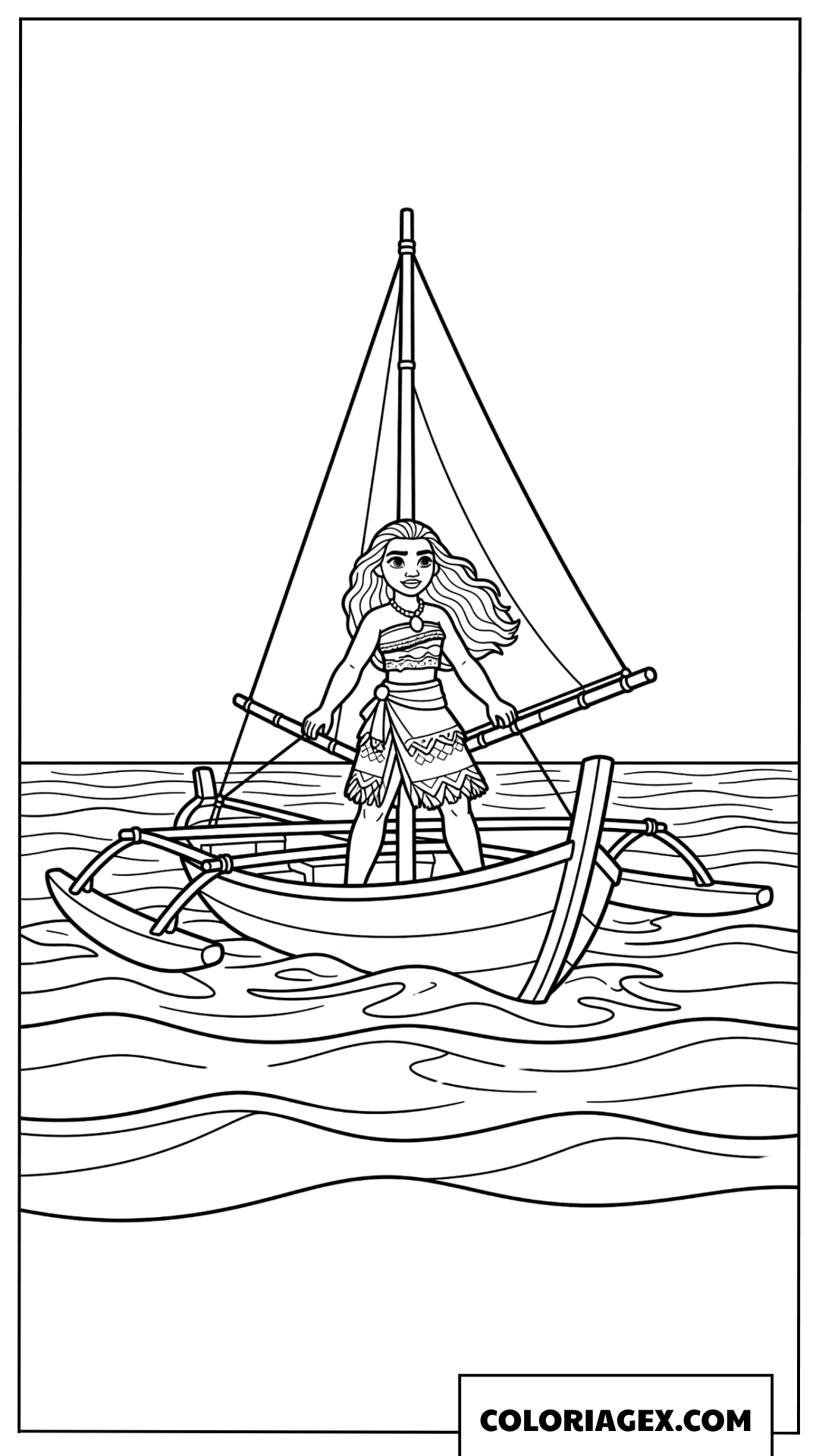 Coloriage Vaiana sur son bateau de voile en ete