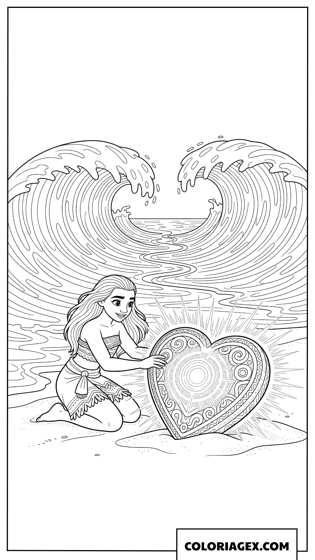 Coloriage Vaiana trouve le coeur de Te Fiti sur la plage
