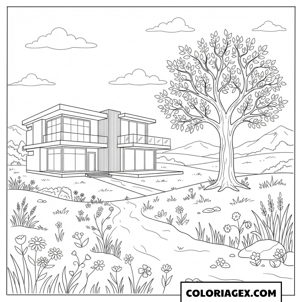 Coloriage Villa avec grand arbre