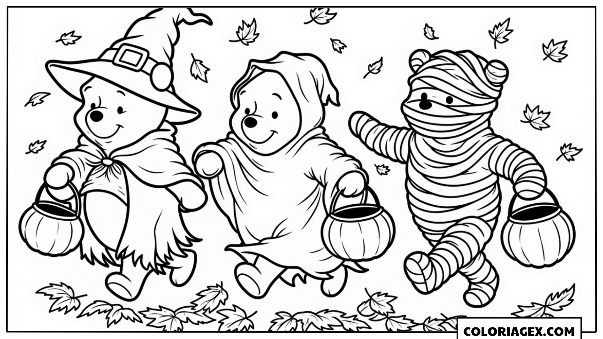 Coloriage Winnie l’Ourson, Porcinet et Bourriquet en costumes
