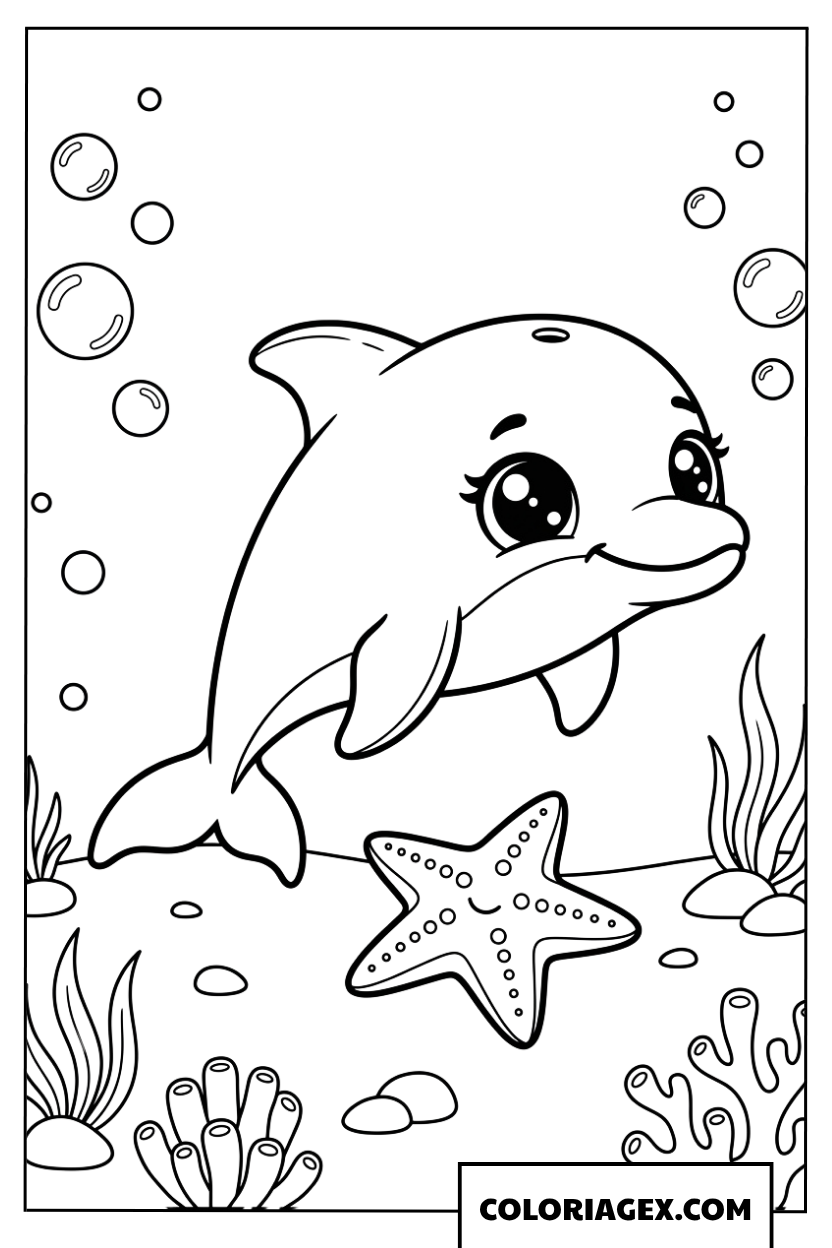 Coloriage bebe dauphin espiegle et etoile de mer adorable