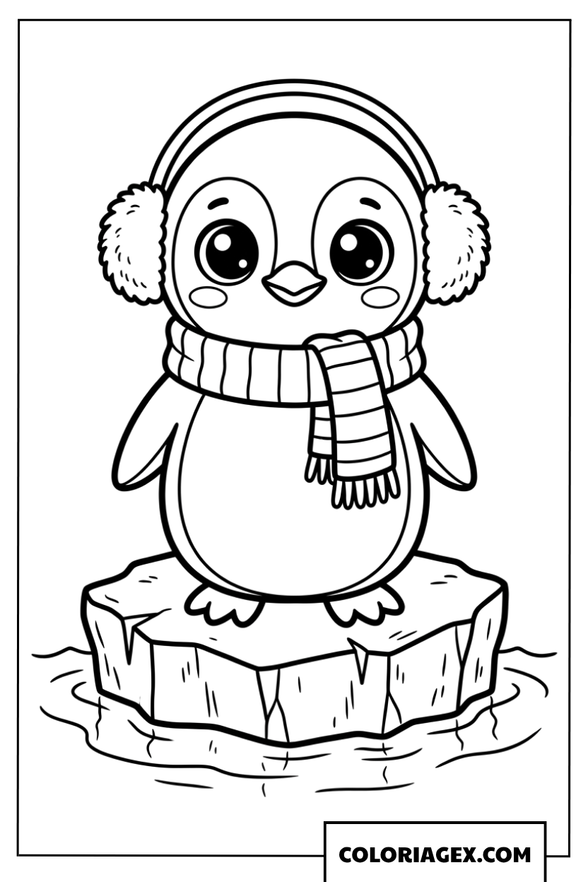 Coloriage bebe pingouin avec cache oreilles sur un glacon