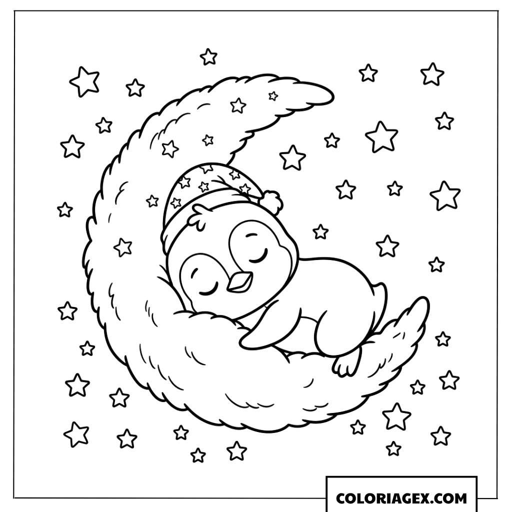 Coloriage bébé pingouin dormant sur la lune