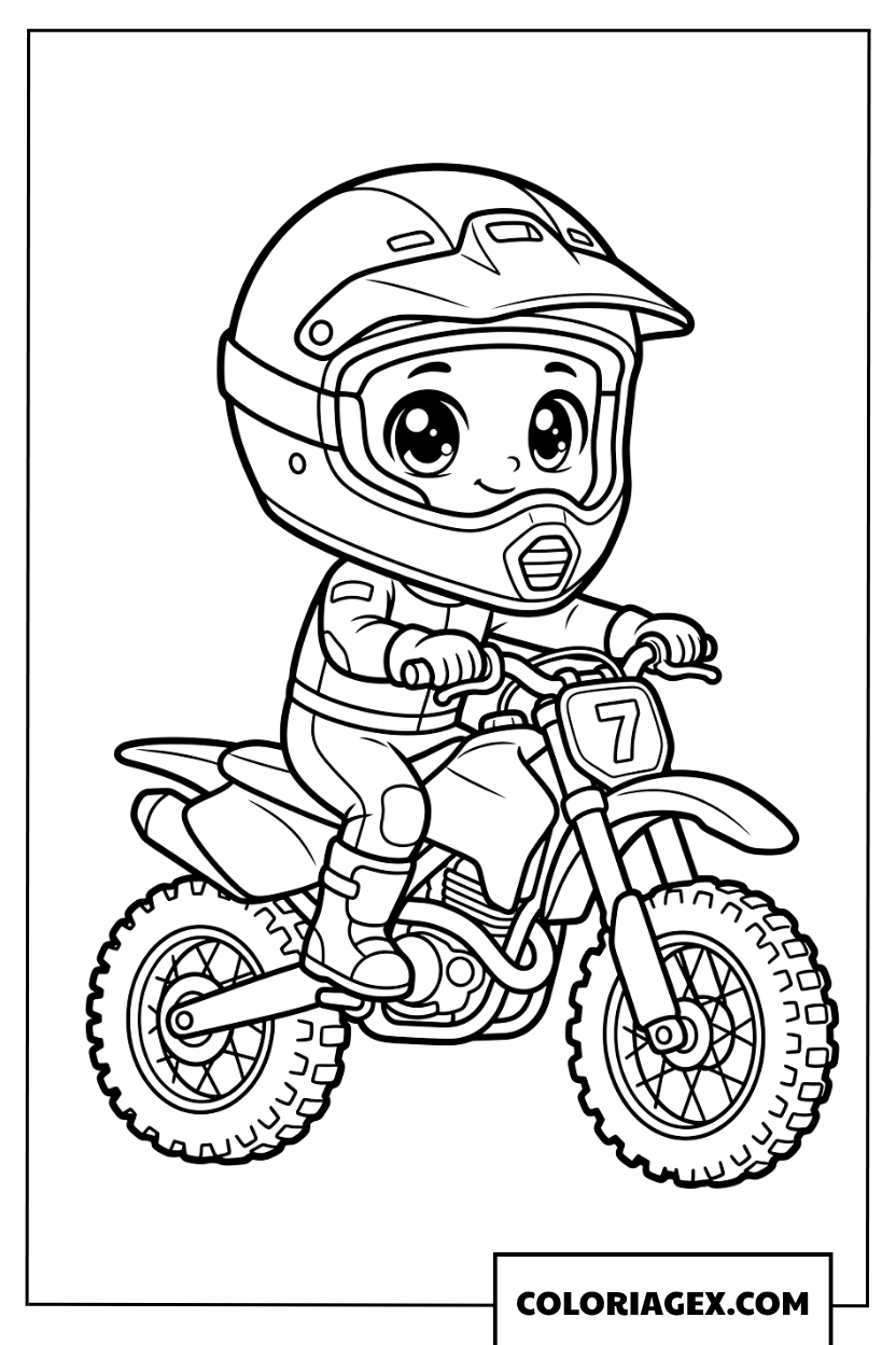 Coloriage bebe style chibi portant un casque sur motocross