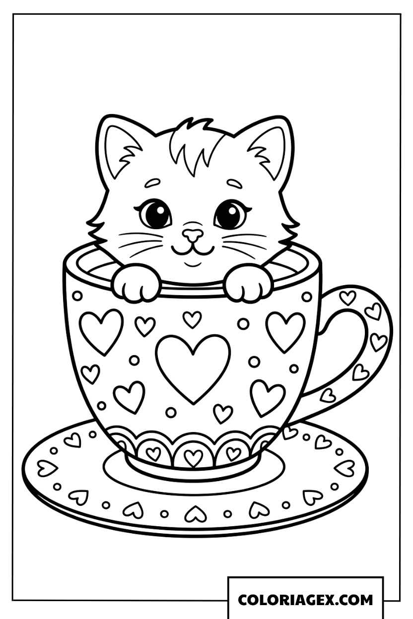 Coloriage chaton mignon cache dans une tasse