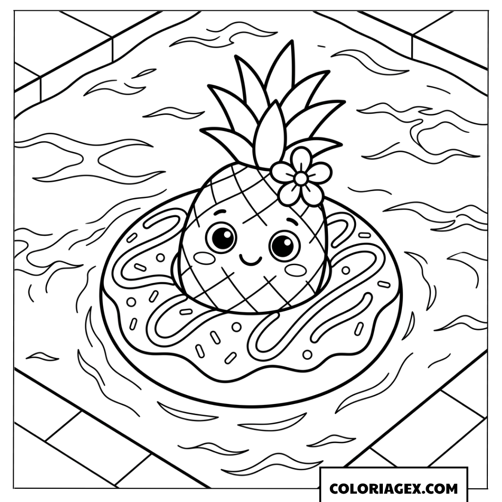 Coloriage d un ananas heureux flottant sur une bouee donut