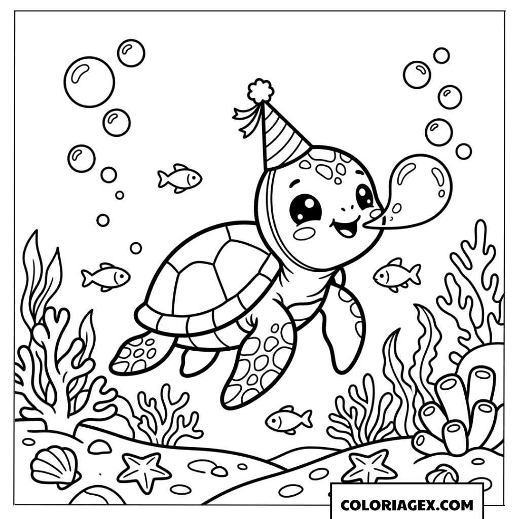 Coloriage d un bebe tortue joyeux avec un chapeau d anniversaire