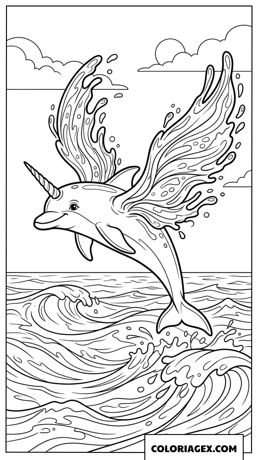 Coloriage d un dauphin licorne volant au dessus des vagues