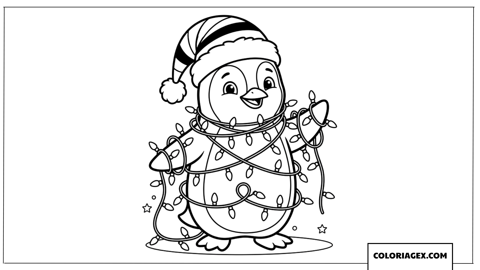 Coloriage d un mignon pingouin de Noel avec des lumieres