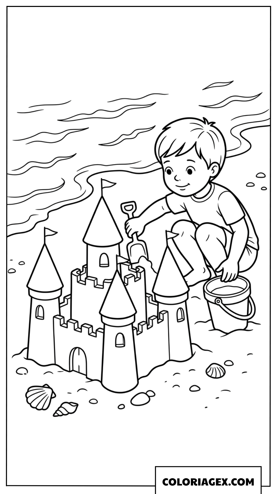 Coloriage d un petit garçon construisant un château de sable sur la plage