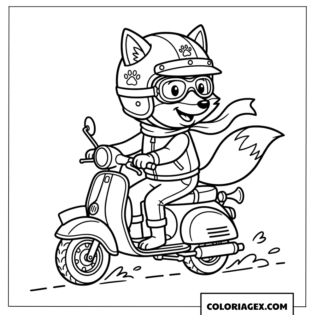 Coloriage d un renard portant un casque conduisant un scooter