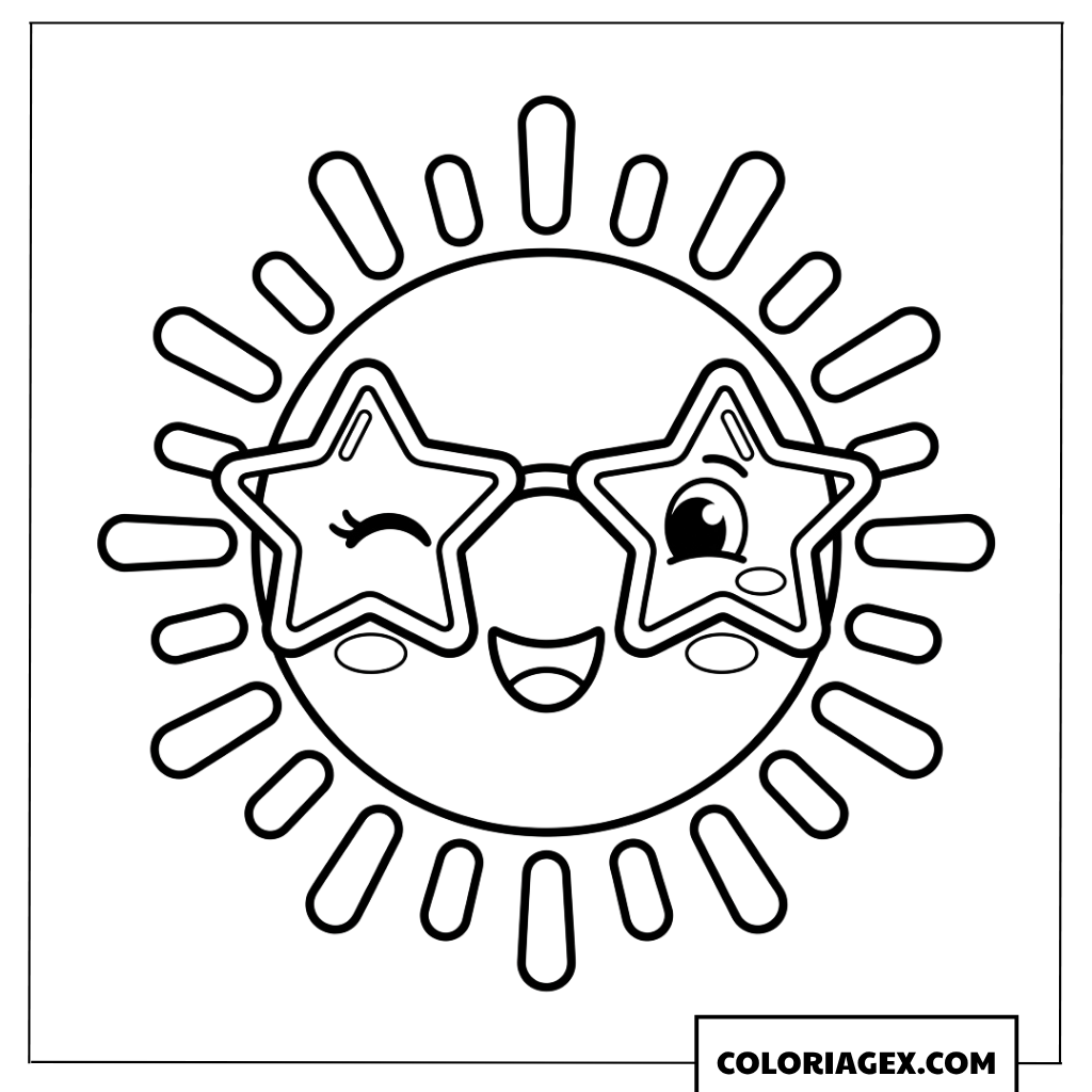 Coloriage d un soleil souriant portant des lunettes en forme d etoile