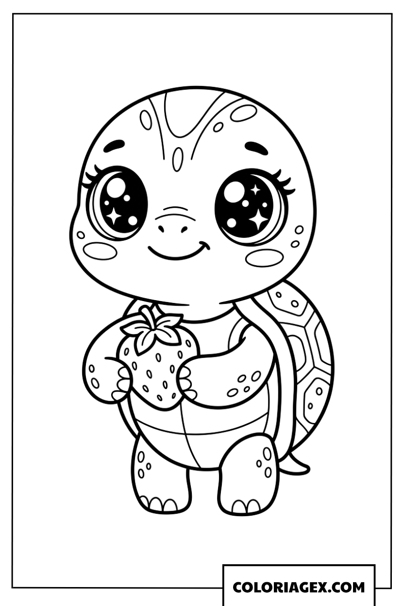 Coloriage d une mignonne petite tortue tenant une fraise
