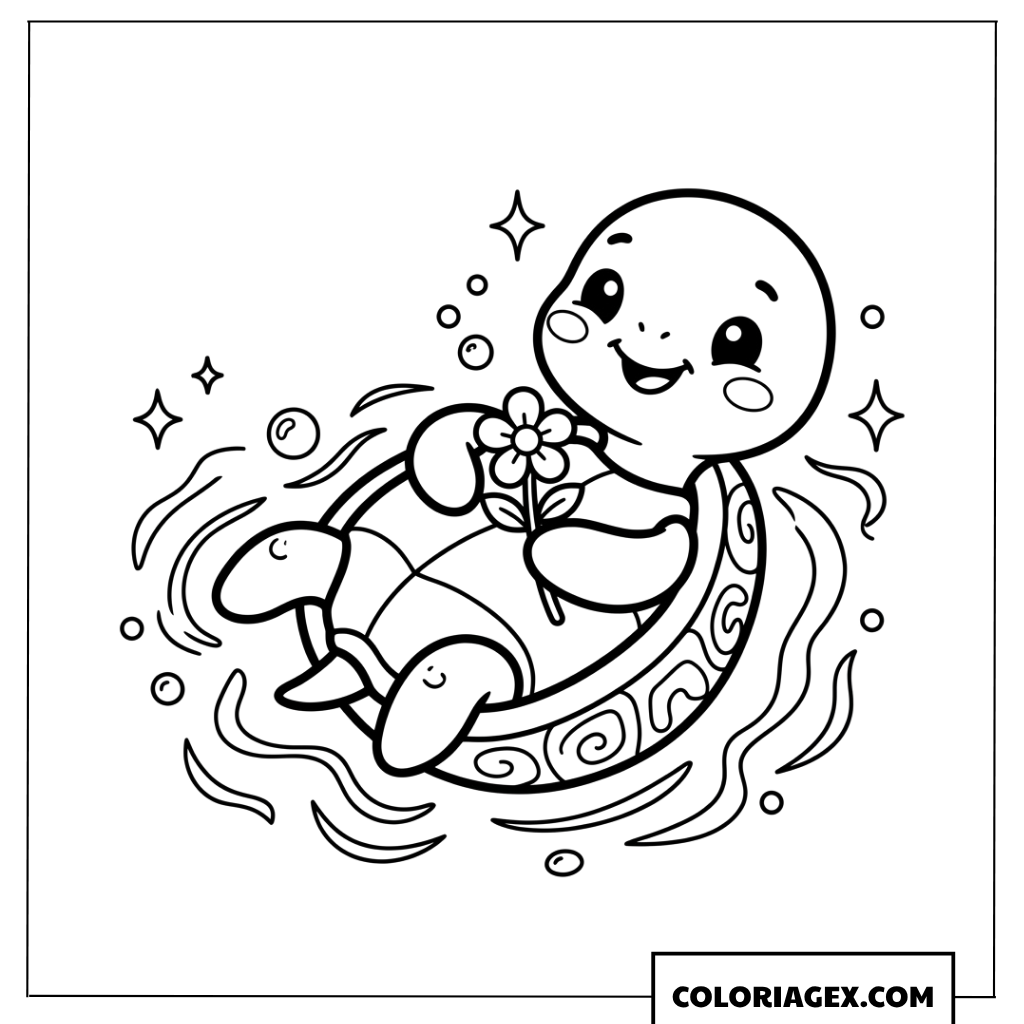 Coloriage d une petite tortue sur le dos tenant une jolie fleur