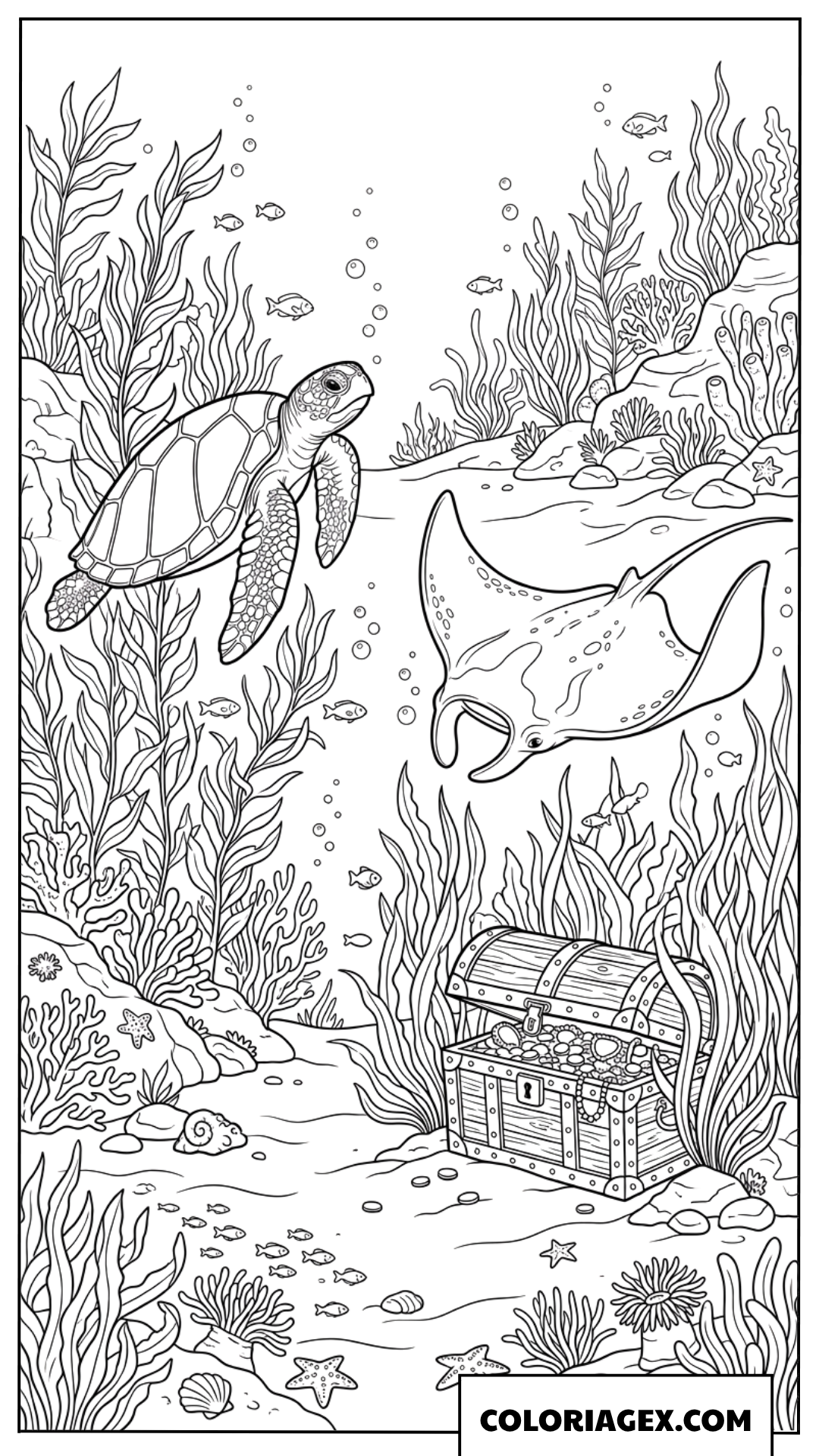Coloriage d une tortue et d une raie manta pres d un tresor