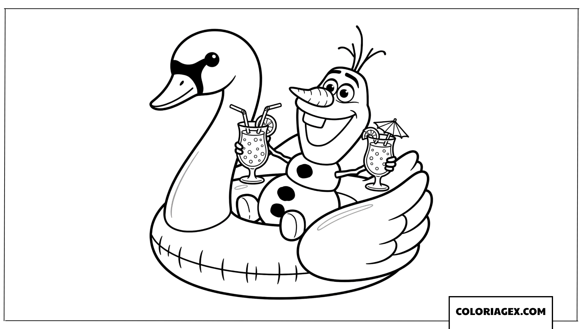 Coloriage d'Olaf assis sur une bouée en forme de cygne en dégustant un verre de jus de fruits.