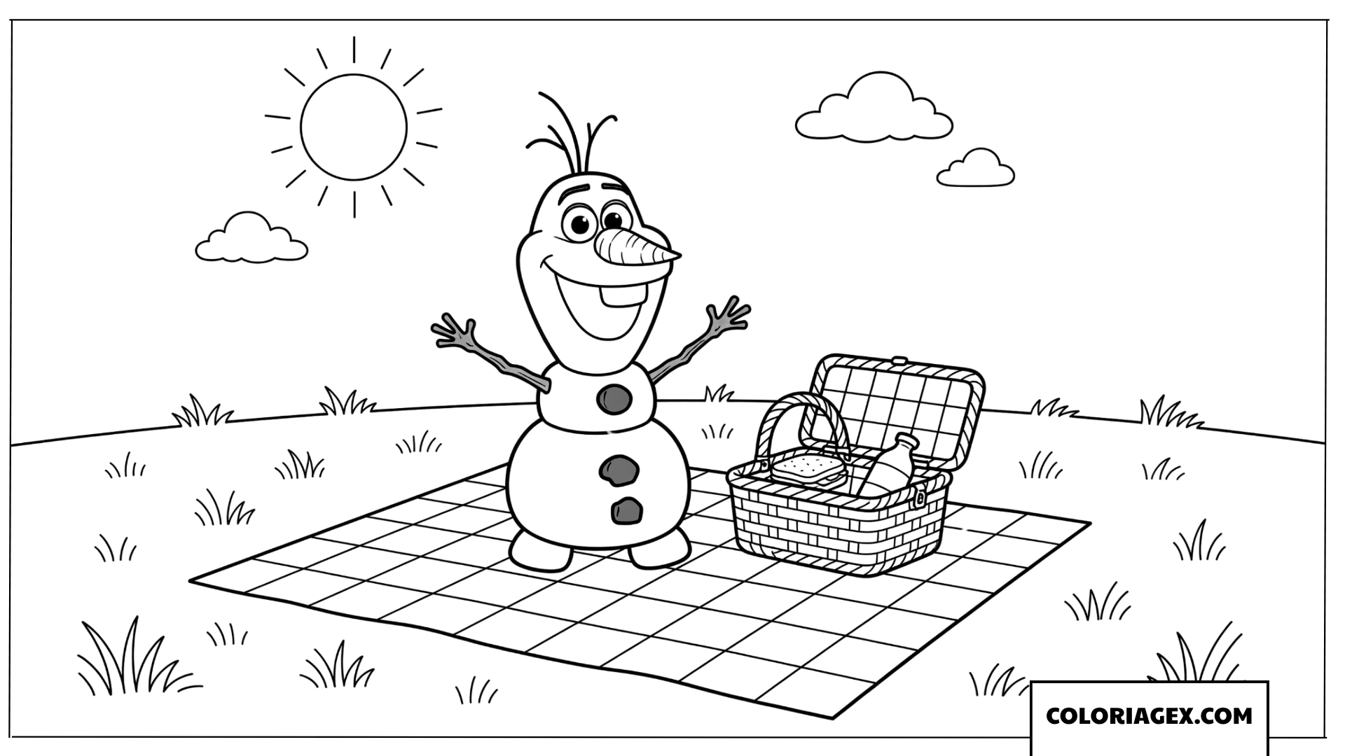 Coloriage d'Olaf avec un panier de pique-nique sur une pelouse en été.