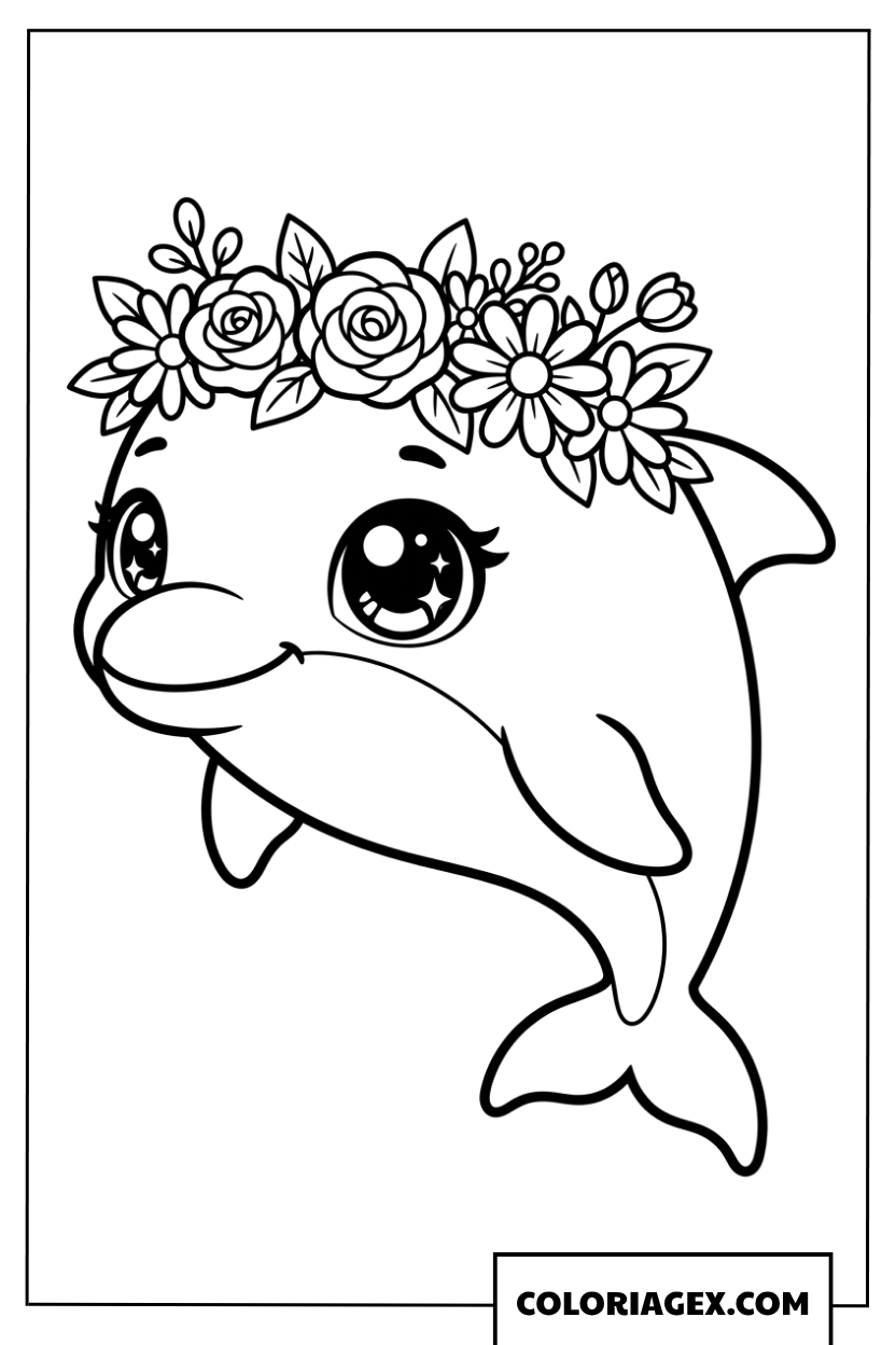 Coloriage dauphin avec une couronne de fleurs
