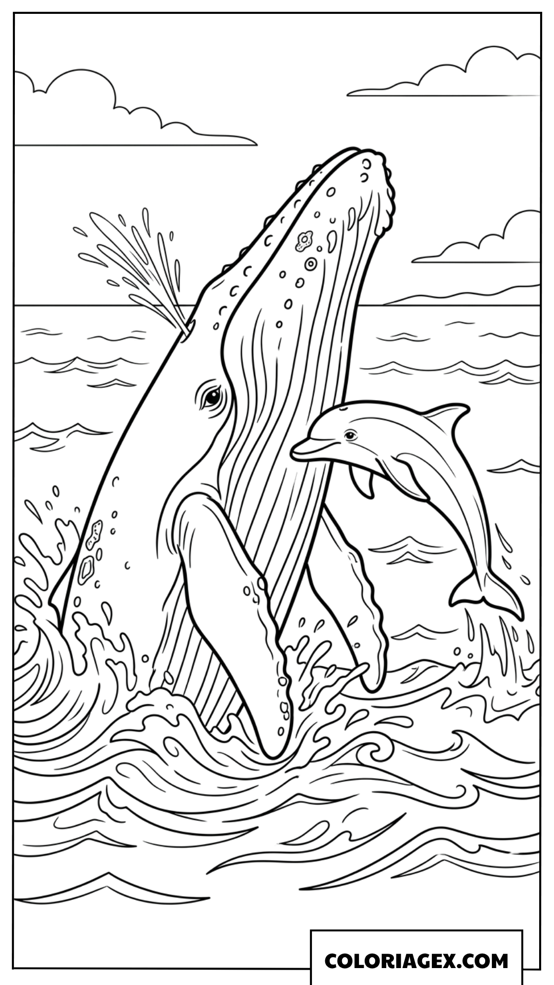 Coloriage dauphin et baleine geante surgissant de locean