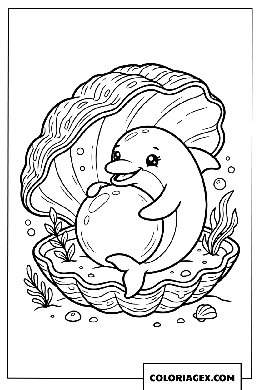 Coloriage dauphin kawaii qui serre une perle dans un coquillage