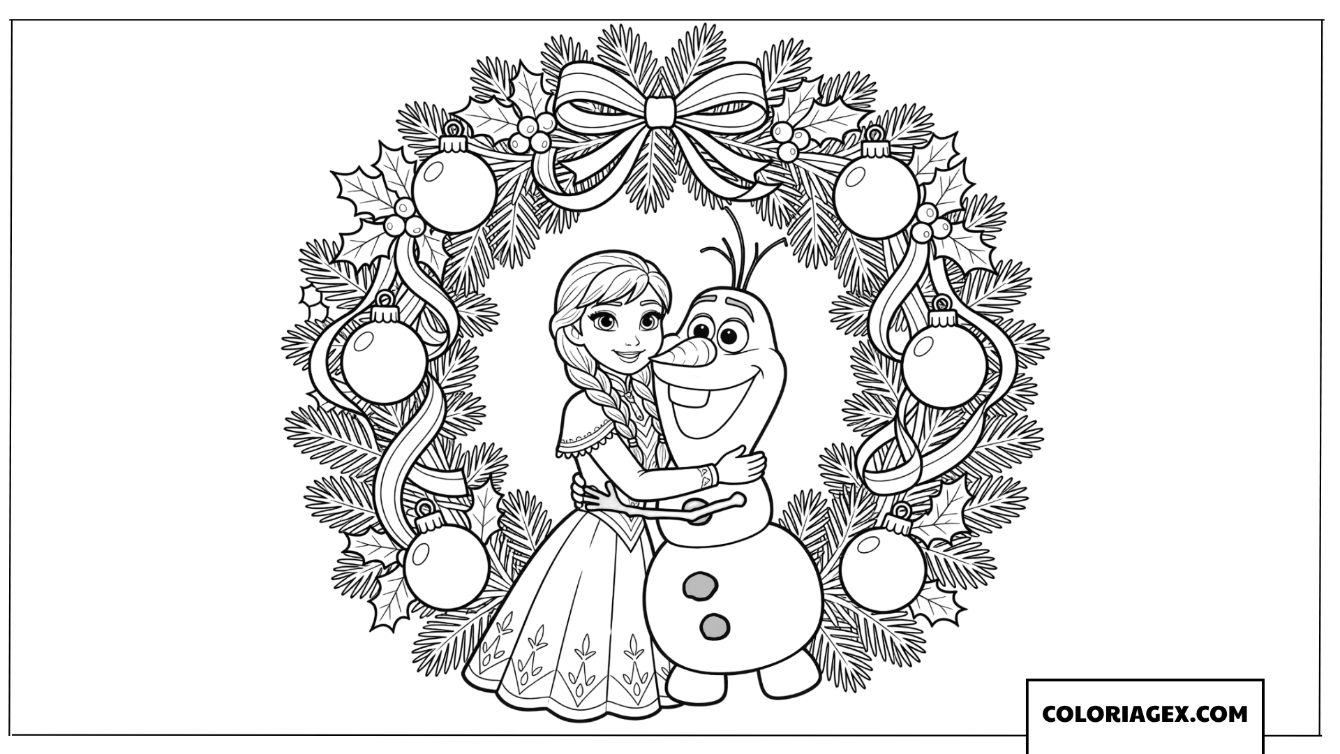 Coloriage de Anna et Olaf dans une couronne de Noel