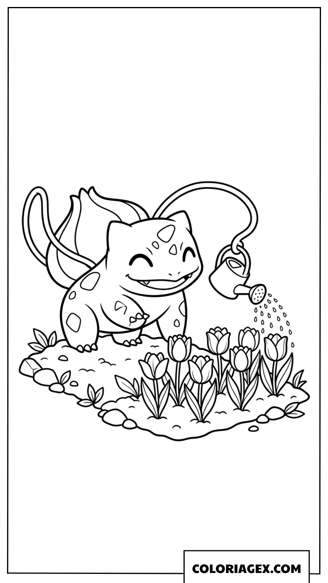 Coloriage de Bulbizarre jardinier arrosant des tulipes