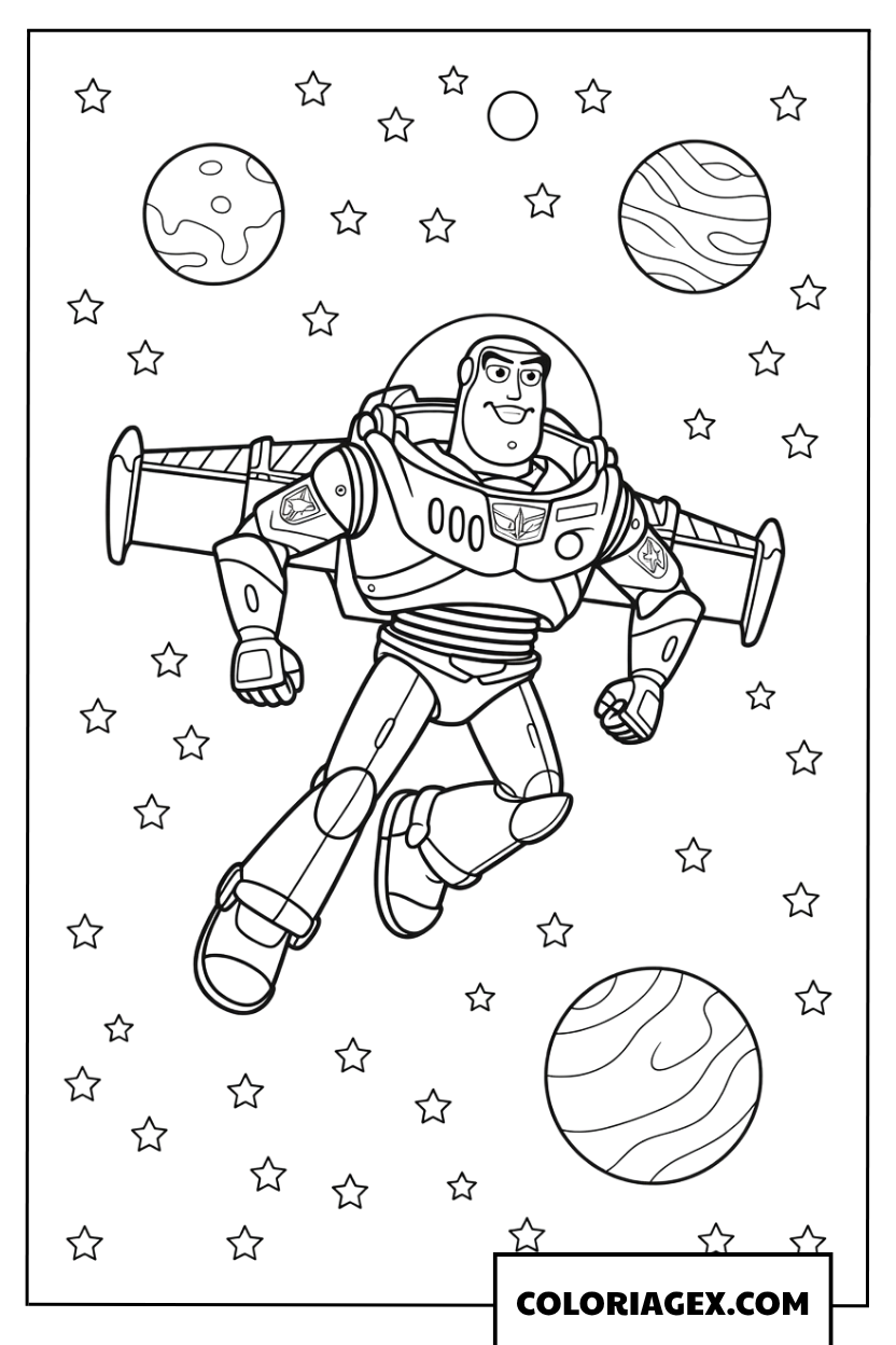 Coloriage de Buzz l Eclair volant a travers l espace infini