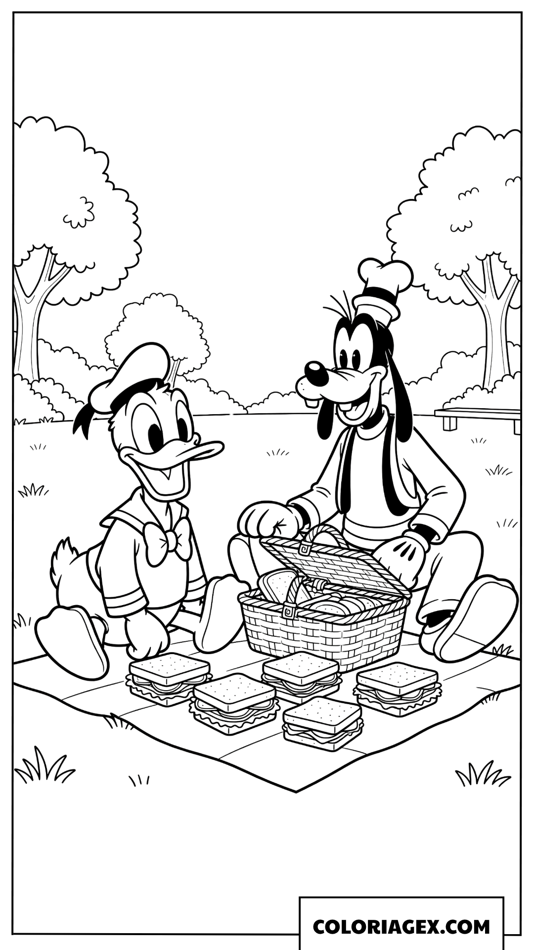 Coloriage de Donald Duck et Goofy en pique nique au parc