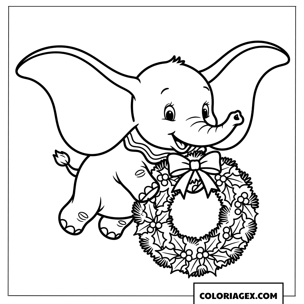 Coloriage de Dumbo l elephant avec une couronne de Noel
