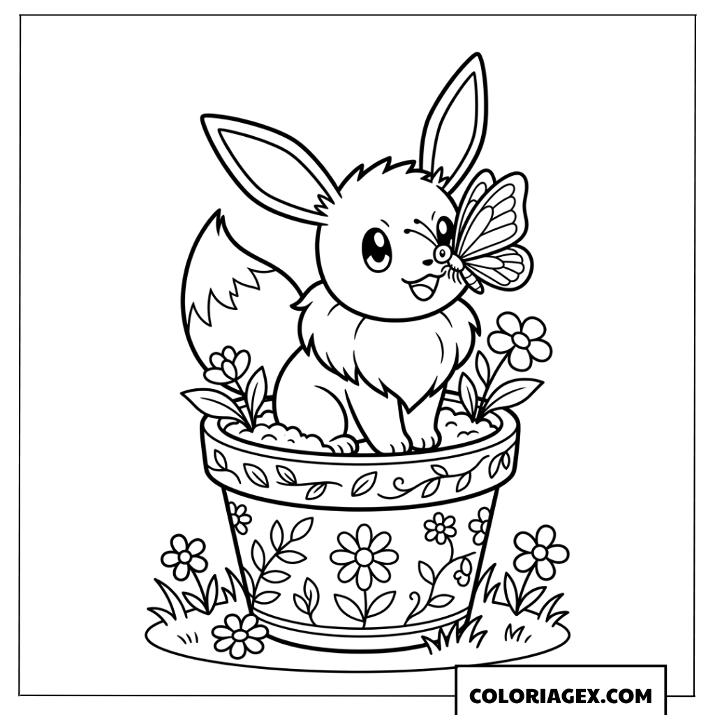 Coloriage de Eevee mignon dans un pot de fleurs