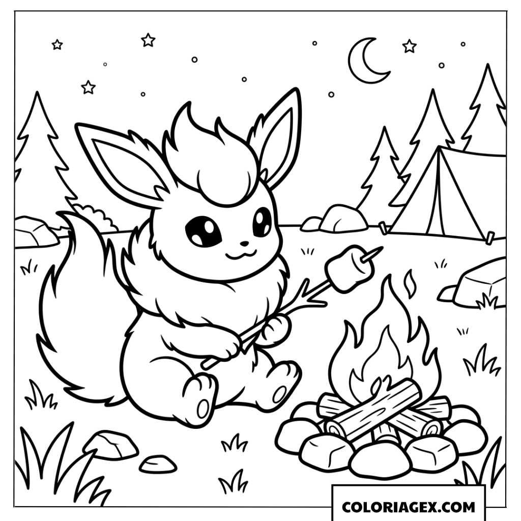 Coloriage de Flareon qui fait griller des guimauves