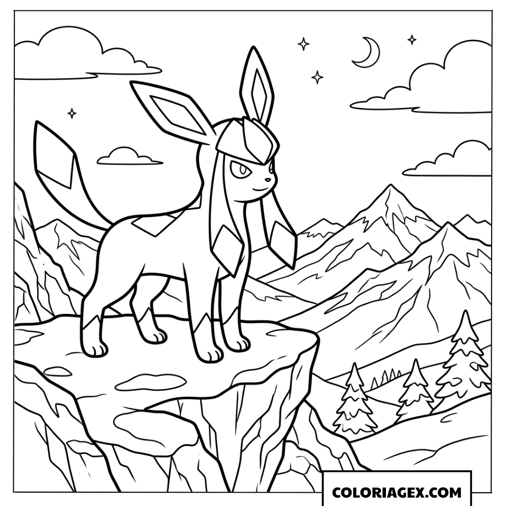 Coloriage de Glaceon observant les sommets enneiges